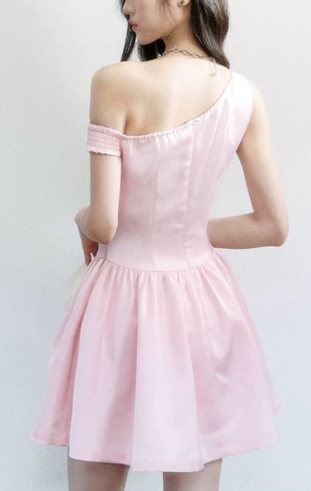 Pink Satin One Shoulder Mini Dress Women With Lace Trim And Rose Detail R9416