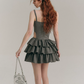 Gray Corset Mini Dress with Lace Trim, Bow Detail, Tiered Ruffle Skirt and Waist Cutout R9271