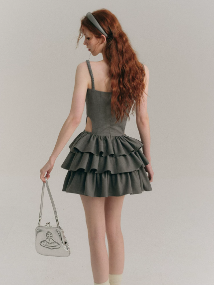 Gray Corset Mini Dress with Lace Trim, Bow Detail, Tiered Ruffle Skirt and Waist Cutout R9271