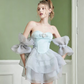 Coquette Off-Shoulder Tiered Mini Dress with Heart Rhinestone Detail R9152