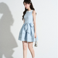 Retro Preppy Light Blue Sleeveless Dress, Peter Pan Collar with Bow Waist A-Line Mini Dress R9333
