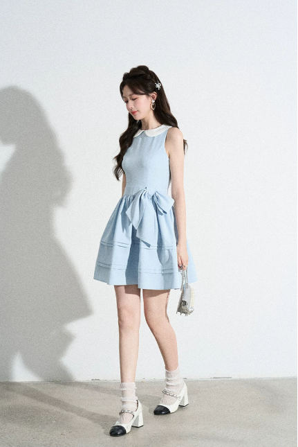 Retro Preppy Light Blue Sleeveless Dress, Peter Pan Collar with Bow Waist A-Line Mini Dress R9333