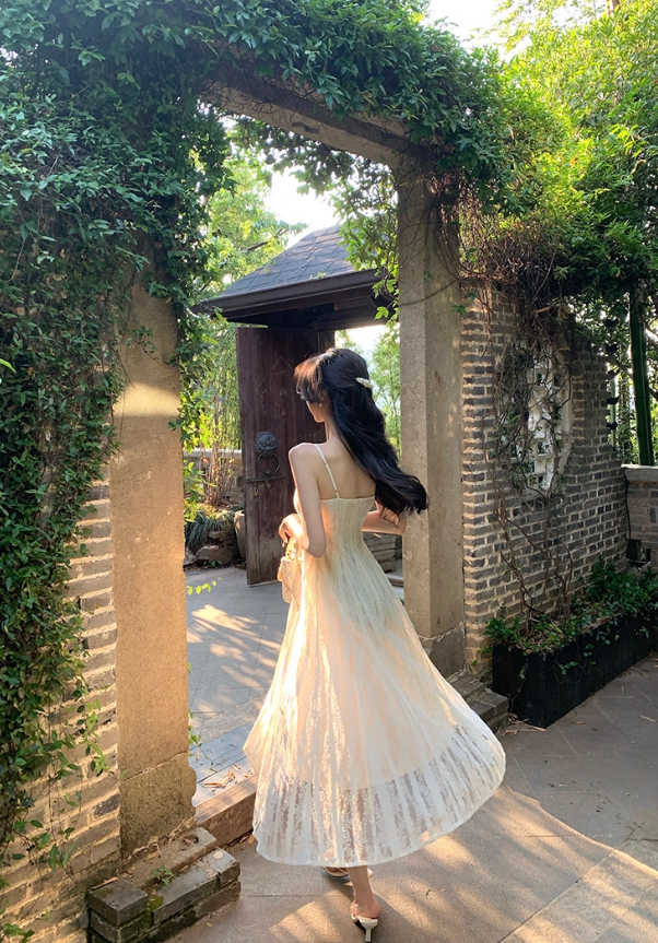 Romantic holiday style suspender dress summer hollow white lace temperament long skirt R4423