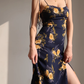 French retro orange floral suspender dress with slim waist and side slit long skirt R2815