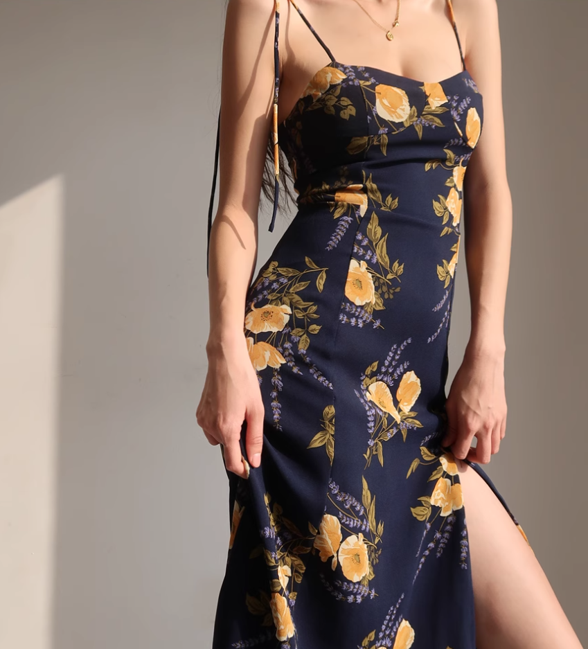 French retro orange floral suspender dress with slim waist and side slit long skirt R2815