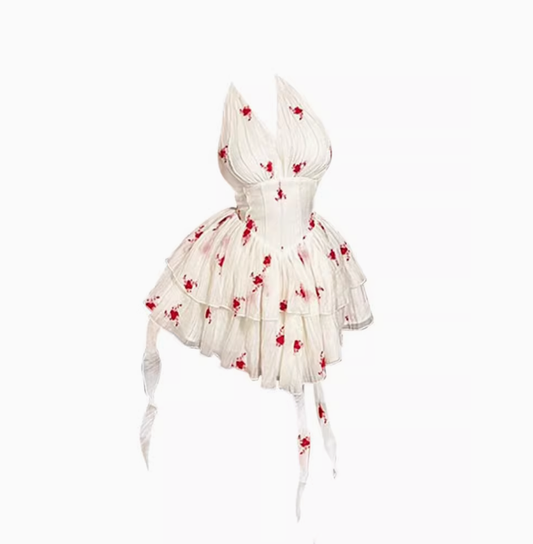 Pure desire design halter neck floral dress 2025 sexy backless waist A-line short skirt R1086