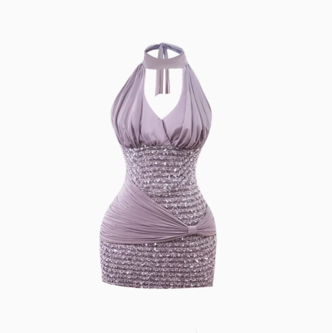 2025 V-neck halter neck sleeveless dress with a sense of gold and sequins, hip-wrapped miniskirt R1127