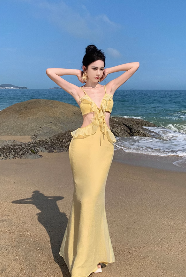 Sexy suspender dress pure desire style clothes super fairy vacation wear backless beach dress R1572