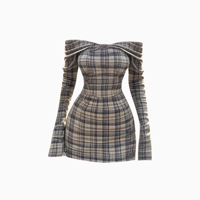 French retro plaid one-shoulder long-sleeved dress 2025 hot girl waist hip skirt R1118