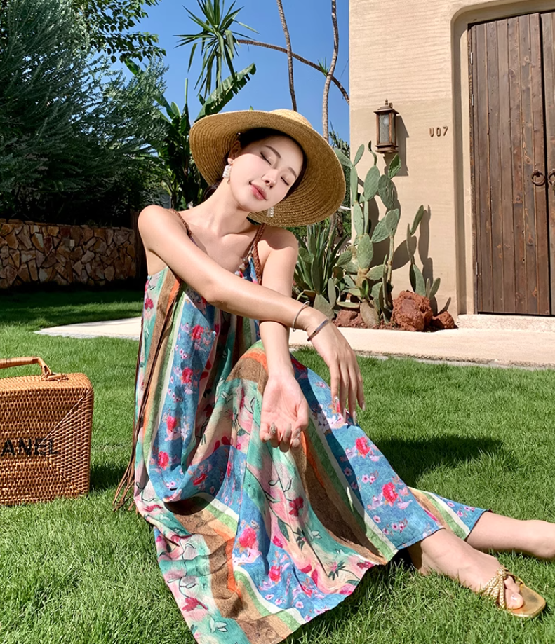 Travel wear beach dress retro travel seaside vacation floral suspender dress R1585