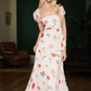 Printed square neck short sleeve dress French retro style waist slim long skirt R2909