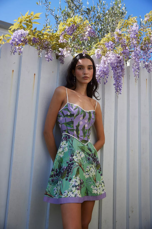 Purple top with floral suspenders and waist-length green skirt Homecoming dress R2835