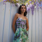 Purple top with floral suspenders and waist-length green skirt Homecoming dress R2835