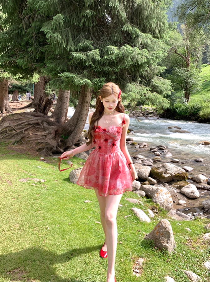 Red printed chiffon suspender dress women's summer French style waist skirt R4580