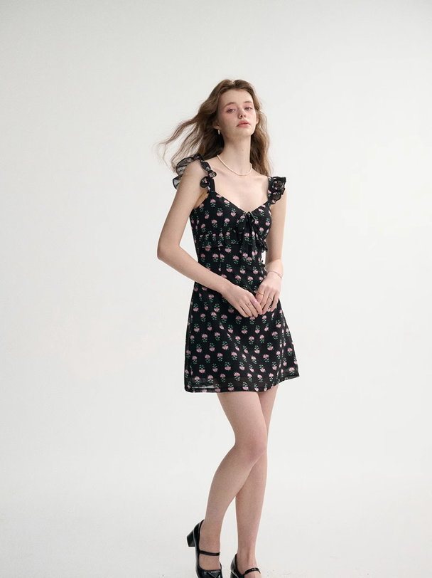 French style black skirt floral suspender skirt short dress R2696