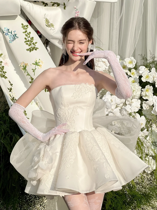 Apricot tube top waist puffy skirt princess cute mini skirt homecoming dress R4123