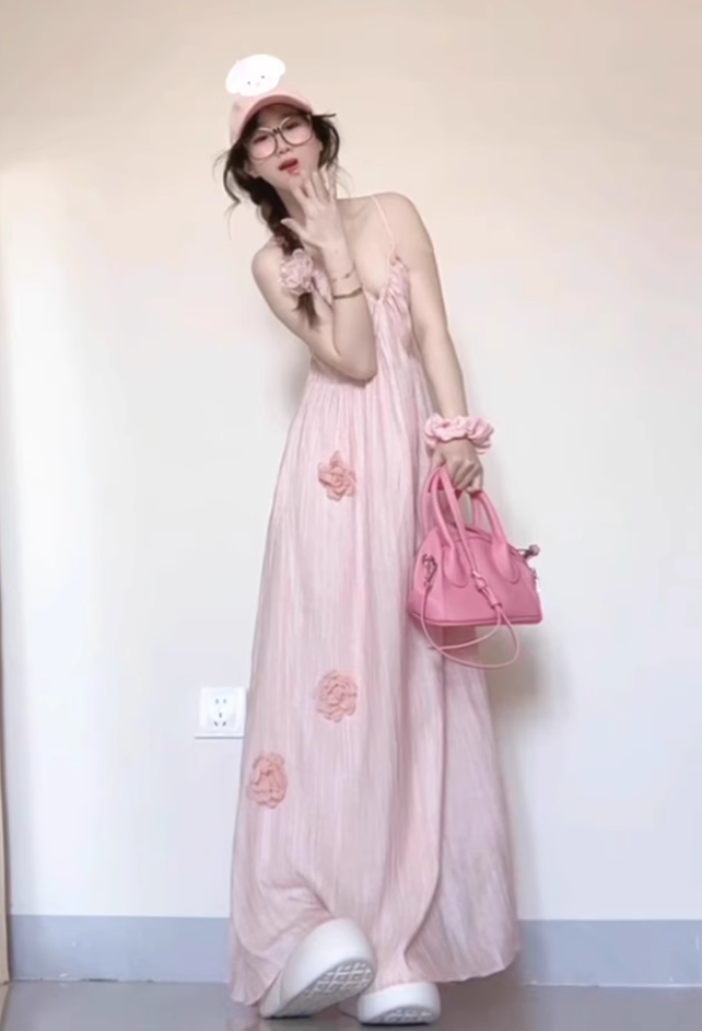 Large French pure pink flower dress beautiful suspender dress for seaside vacation R1827