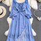 Gentle style long sleeves square neck waist slimming slit A-line print dress elegant long skirt R0355