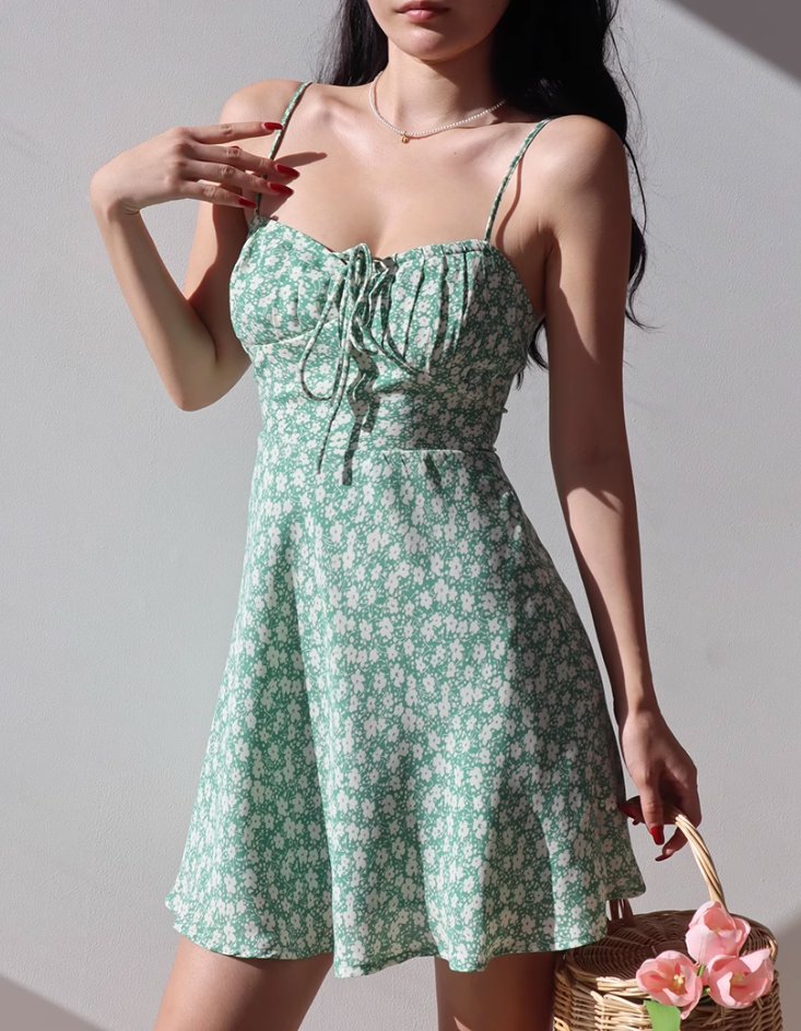 French retro fresh green bottom small floral suspender dress short skirt R2862