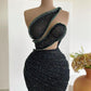 Black irregular neckline sequined waist sexy hip skirt homecoming dress R2449