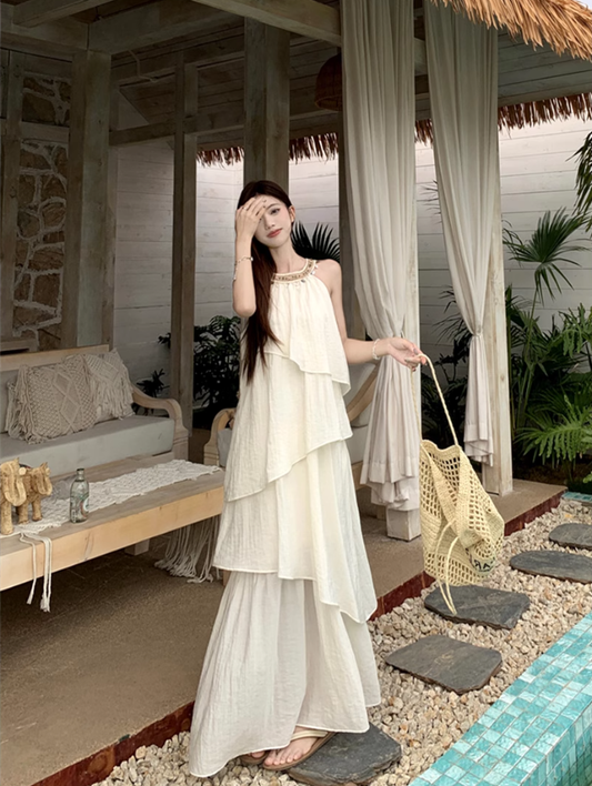 Fairy halter neck dress vacation outfit beach long dress irregular ruffle skirt R1721
