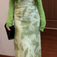 Green floral suspender dress, beautiful waist and slim hip skirt R0618
