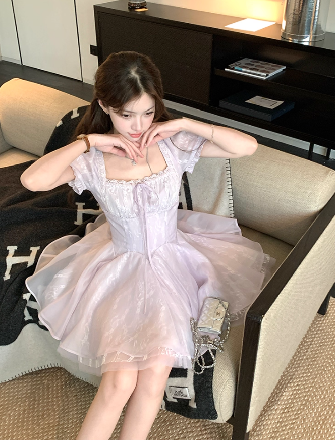 Square collar short sleeve waist A-line dress summer French retro style skirt R4585