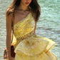 Yellow floral asymmetrical waist slim three-dimensional short skirt homecoming dress R3464