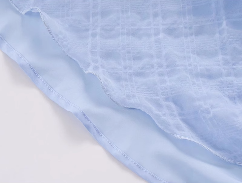 2025 Summer New Blue Mermaid Princess French Flying Sleeve Plaid Long Dress R0957