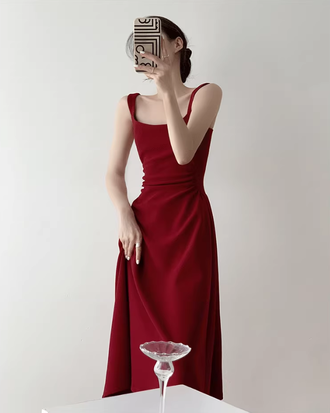 Retro red square neck suspender dress temperament waist banquet engagement A-line dress R1427
