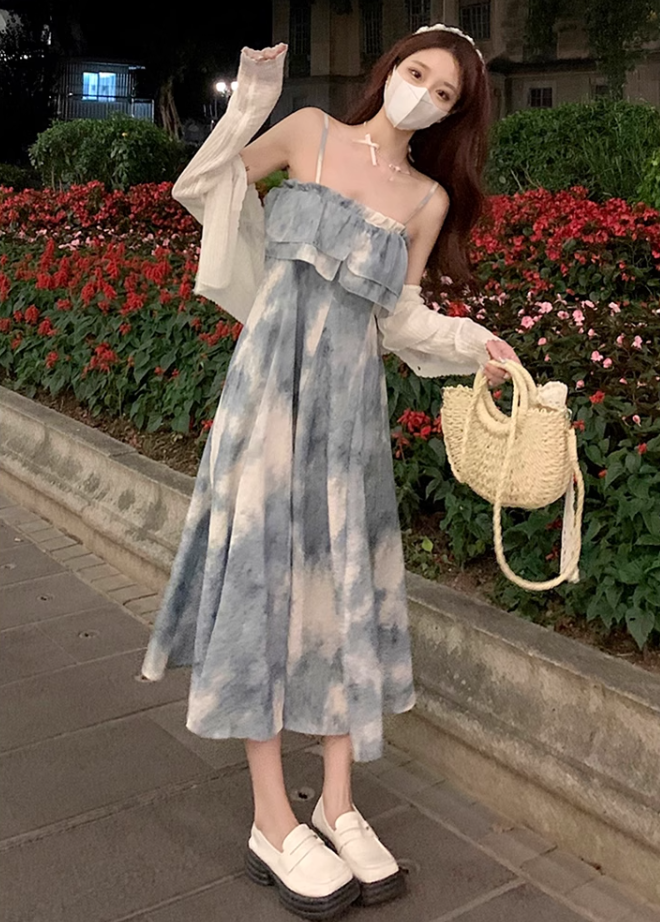 Fairy retro style ruffled one-shoulder sling dress new Chinese style ink-dyed dress R1706