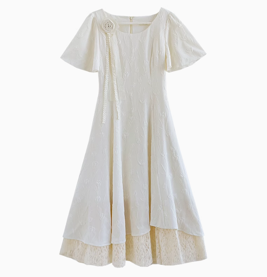 French gentle style apricot dress for women summer new waist slimming dress R1912