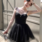 Black mid-length waist a-line suspender dress summer French temperament skirt R4943