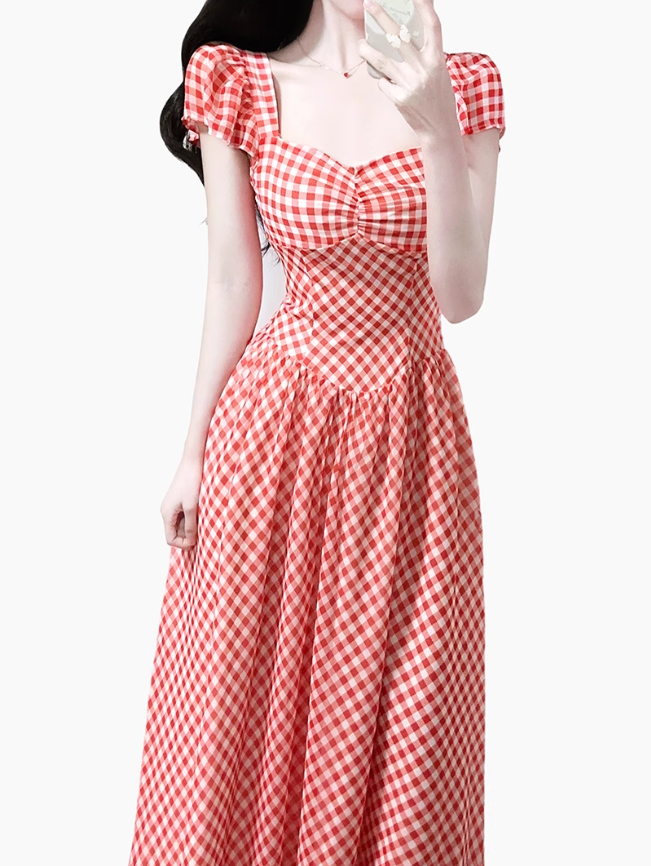 2025 Summer New Red Plaid Square Neck French Short Sleeve High Waist Long Dress R0943