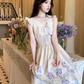 V-neck small flying sleeves printed hollow waist dress women's summer French temperament skirt R4618
