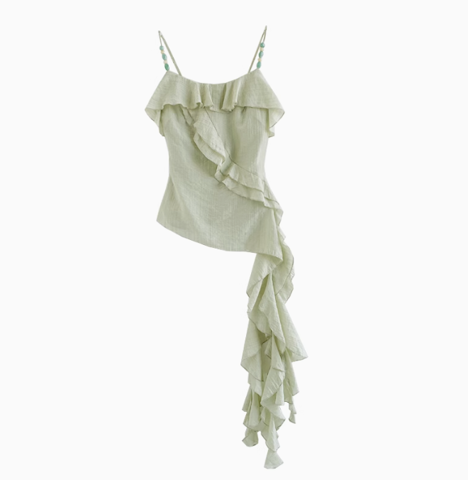 2025 summer new style temperament very good-looking green sling irregular top R1899