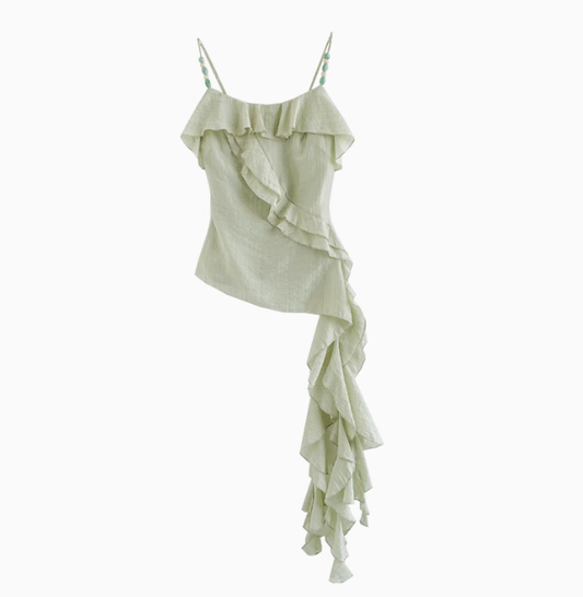 2025 summer new style temperament very good-looking green sling irregular top R1899