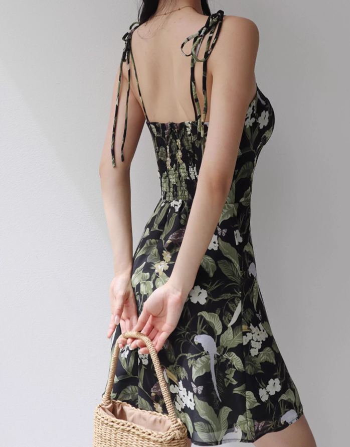 French retro bird print suspender skirt slim fit waist suspender dress holiday short skirt R2807