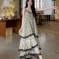 Fairy floral sling cake skirt retro college style v-neck tea break French niche design dress R1733