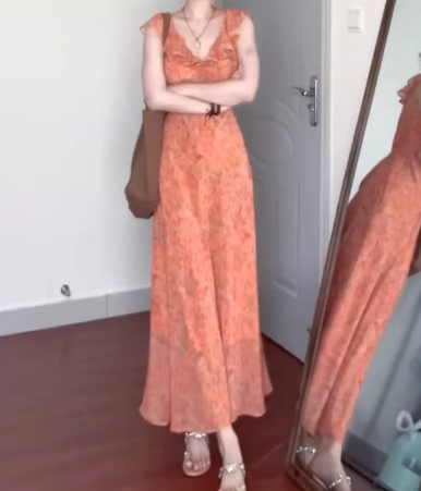 Floral suspender skirt niche design flying sleeves v-neck waist beautiful dress R0775