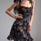 French style black floral suspender skirt retro wood ear high waist dress A-line short skirt R2860