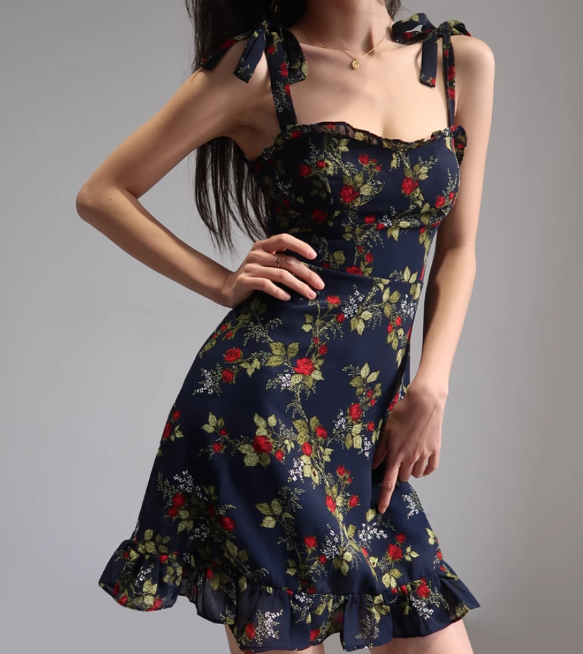 French style black floral suspender skirt retro wood ear high waist dress A-line short skirt R2860