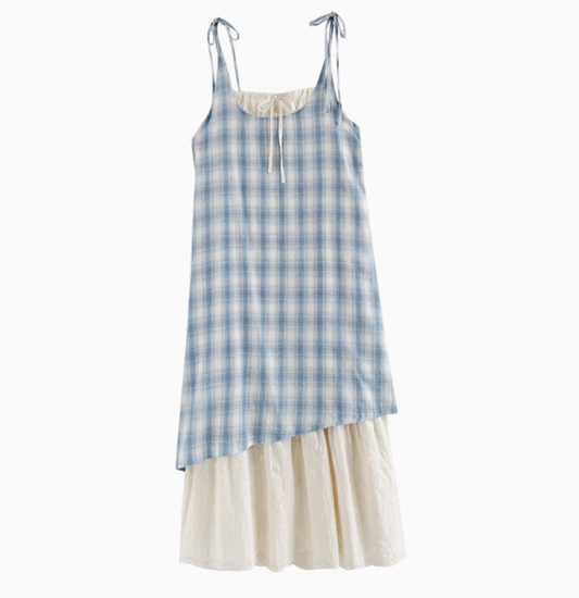 Summer temperament blue plaid suspender dress beautiful holiday dress R1891