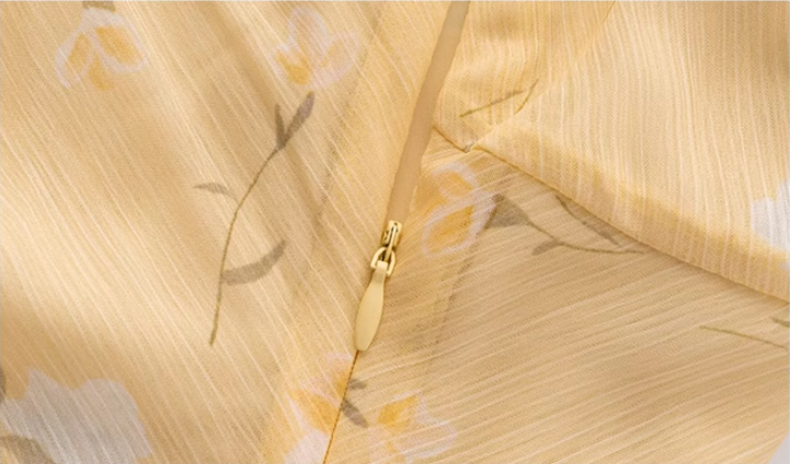 French holiday style yellow long floral sling waist slimming dress R2656