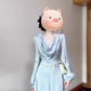 High-end relaxed outfit set, blue slouch top, casual trousers, gentle temperament two-piece set R0457