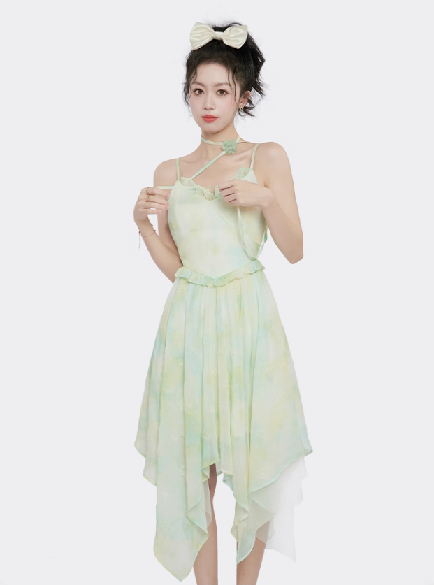 Small fresh and chic skirt embroidered suspender dress women's summer irregular mid-length skirt R4118