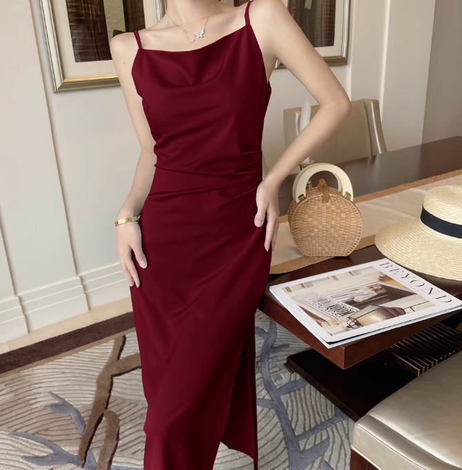 French retro slim silky satin swing collar sexy suspender dress holiday travel dress R1534