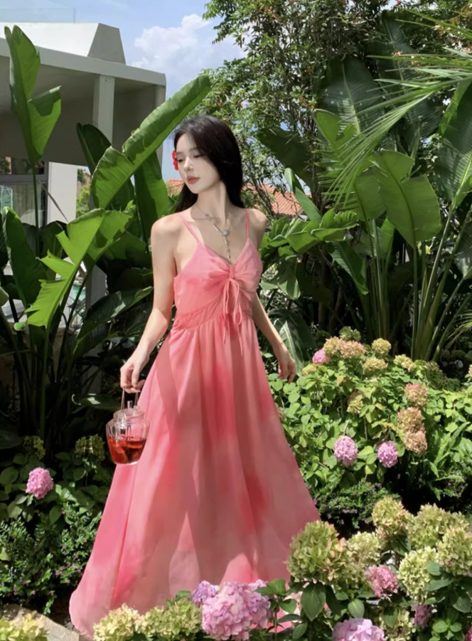 Travel wear vacation French pink white slim print chiffon suspender dress a-line skirt R1627