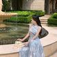 French style blue floral 3D lace waist dress R4295
