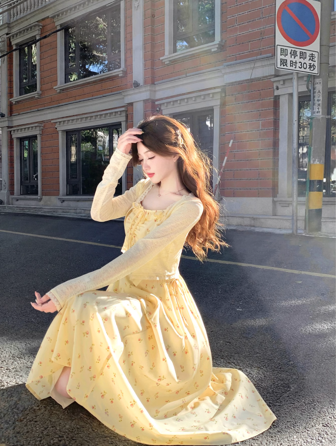 French style yellow temperament suspender dress women's summer beautiful long dress R3828
